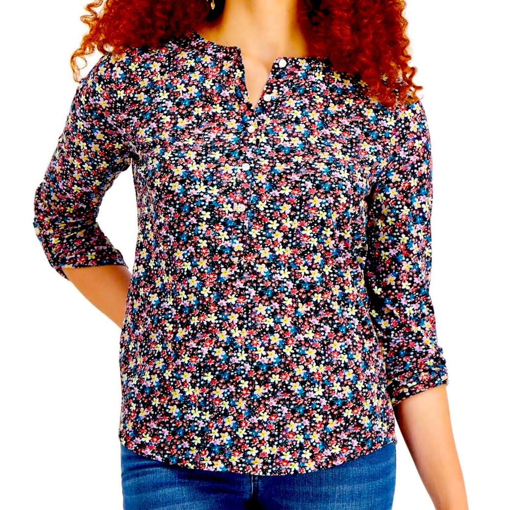 Style & Co Cotton Ditsy Floral-Print Top Adjustable Sleeve NWT